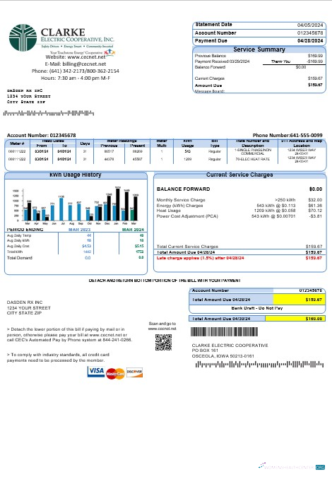 USA Iowa Clarke Electric Cooperative, Inc business utility bill template in Word and PDF formats